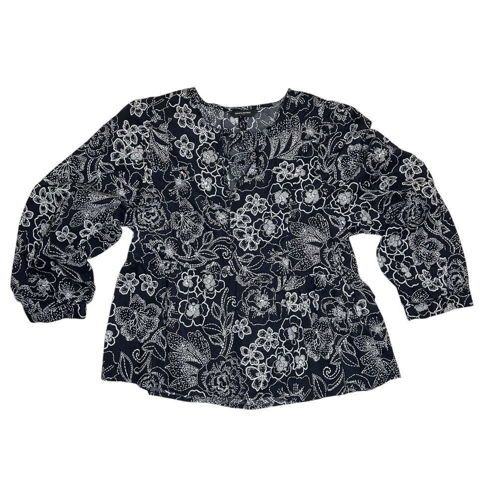 Banana Republic‎ XXS Navy White Floral Print Peasant Blouse Long Sleeve Tie Neck